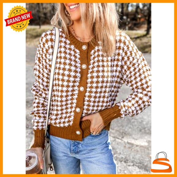 V-Neck Button Down Cardigan Sweater, Long Sleeve Plaid Knit, Relaxed Fit - Picture 3 of 7